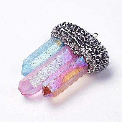 Natural Quartz Crystal Pointed Pendants, with Brass Polymer Clay Rhinestone, Bullet