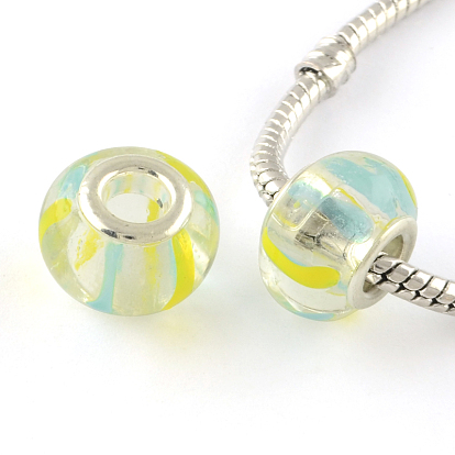 Rondelles main style mixte lampwork européennes grosses perles de trou, avec noyaux en laiton plaqué couleur argent, 14x9~10mm, Trou: 5mm
