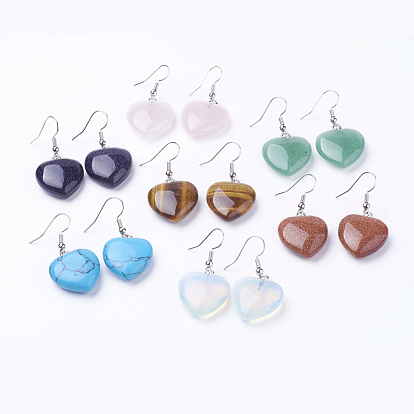 Boucles d'oreilles pierres précieuses de balancent, avec accessoires en laiton, cœur, platine