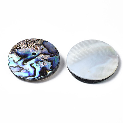 Natural Abalone Shell/Paua Shell Cabochons, with Freshwater Shell, Flat Round