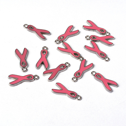 Alloy Enamel Pendants, Lead Free and Cadmium Free, October Breast Cancer Pink Awareness Ribbon, Platinum Metal Color, 19x8x1mm, Hole: 2mm