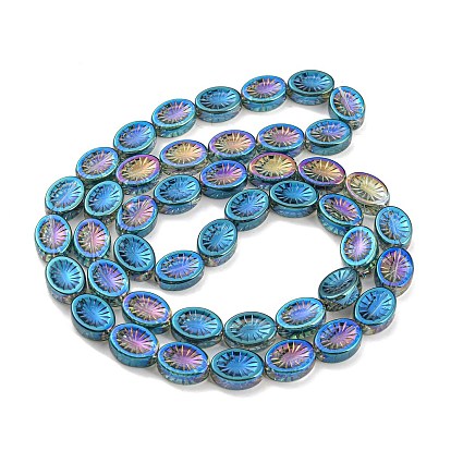 Electroplate Glass Beads Strands, Half Rainbow Plated, Oval with Flower