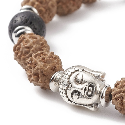 Mala Bead Bracelet, Natural Rudraksha Wood & Lava Rock & Alloy Buddha Head Beaded Stretch Bracelet for Men Women