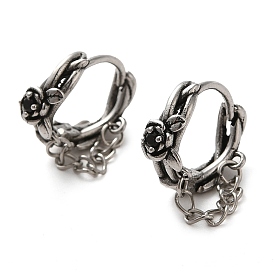 304 Stainless Steel with Rhinestone Flower Hoop Earrings, with Chains Tassel