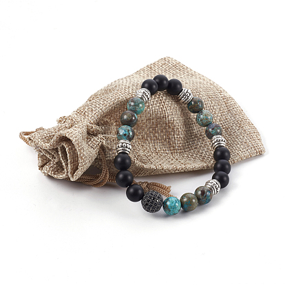 Bracelets extensibles avec pierres précieuses naturelles mélangées et perles d'agate noire naturelle (teintes), avec perles en zircone cubique et alliage