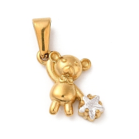 Vacuum Plating 304 Stainless Steel Pendants, with Rhinestone, Long-Lasting Plated, Bear with Star Charm