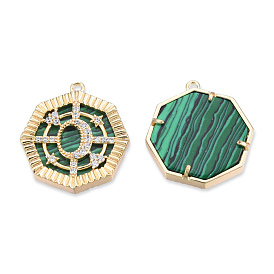Brass Pave Clear Cubic Zirconia Pendants, with Natural Malachite, Cadmium Free & Nickel Free & Lead Free, Octagon with Moon & Star