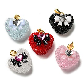 Druzy Resin Pendants, Heart with Bowknot Charms with Rhinestone and Rack Plating Golden Tone Brass Snap on Bails, Long-Lasting Plated, Cadmium Free & Lead Free