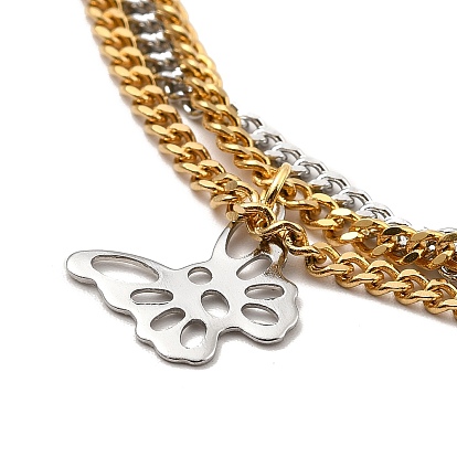 Dos tonos 304 cadenas de eslabones de acero inoxidable pulsera de varias hebras de triple capa con amuletos para mujer, acero color oro y acero