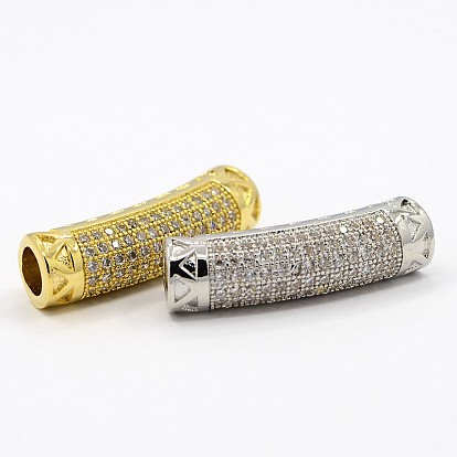 Bijoux cz micro cuivres ouvrent zircone cubique creux perles de tube incurvé, perles de nouilles en tube courbé, clair, 24x6mm, Trou: 4mm