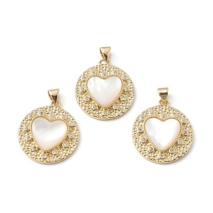Rack Plating Brass Micro Pave Cubic Zirconia Pendants, with Shell, Long-Lasting Plated, Cadmium Free & Lead Free, Hammered Flat Round with Heart Charm
