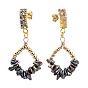 Brass Dangle Stud Earrings, with Natural Baroque Pearl Keshi Pearl Beads and Rhinestones, Rhombus