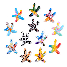 Printed Natural Freshwater Shell Pendants, Starfish Charms with Tartan/Rhombus/Tiger/Eye/Rainbow/Vortex/Stripe/Fish/Cartoon/Grass/Starfish Pattern