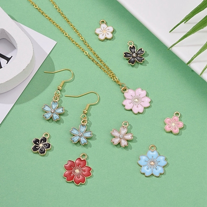 90Pcs 9 Style Alloy Enamel Pendants, with Crystal Rhinestone, Sakura & Plum Blossom Flower