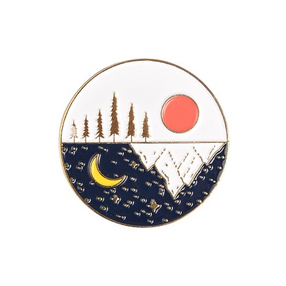 Creative Zinc Alloy Brooches, Enamel Lapel Pin, with Iron Butterfly Clutches or Rubber Clutches, Electrophoresis Black Color, Flat Round with Sun & Moon Pattern