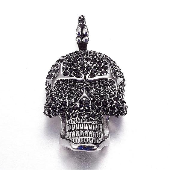 316 Surgical Stainless Steel Big Pendants, with Rhinestones, Skull