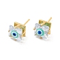 Glass Square with Enamel Evil Eye Stud Earrings, Real 18K Gold Plated Brass Jewelry for Women