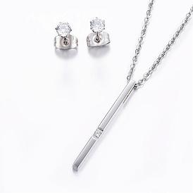 304 Stainless Steel Jewelry Sets, Bar Pendant Necklaces and Stud Earrings, with Cubic Zirconia