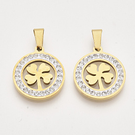 Pendentifs en acier inoxydable, avec bouton pression de taille aléatoire sur les balles et strass en cristal d'argile, plat rond avec le trèfle