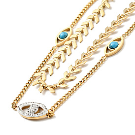 Synthetic Turquoise & Crystal Rhinestone Horse Eye Links Double Layer Necklace, Ion Plating(IP) 304 Stainless Steel Jewelry for Women