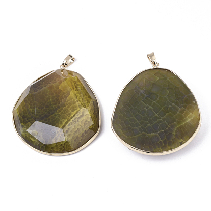 Natural Crackle Agate Big Pendants, with Light Gold Plated Brass Edge & Pinch Bails, Dyed & Heated, Oval, Faceted