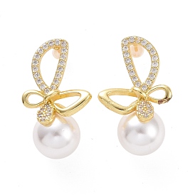 Boucles d'oreilles pendantes papillon en zircone cubique transparente avec perle en plastique, bijoux en laiton pour femmes, sans cadmium et sans plomb