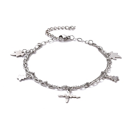304 Stainless Steel Double Chains Multi-strand Bracelets, Leaf & Tree & Heartbeat 201 Stainless Steel Charm Bracelet for Women