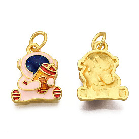 Alloy Enamel Charms, Cadmium Free & Lead Free, with Glitter Powder and Jump Rings, Matte Gold Color, Spaceman