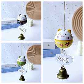 Porcelain Maneki Neko Hanging Bell Wind Chimes Decor, Feng Shui Lucky Cat for Car Interiors Hanging Ornaments