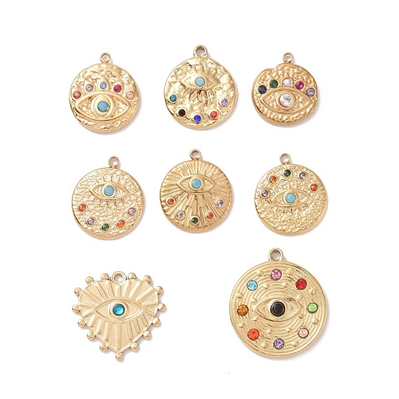 304 Stainless Steel Evil Eye Pendants, with Colorful Rhinestone and 201 Stainless Steel Snap on Bails, Golden
