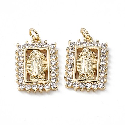 Brass Clear Cubic Zirconia Pendants, with Jump Ring, Rectangle with Virgin Mary Charms