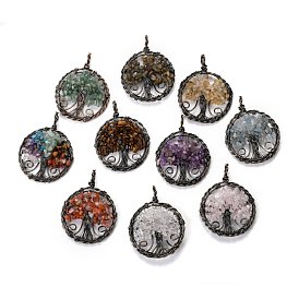 Natural Gemstone Pendants, with Brass Findings, Flat Round with Tree of Life