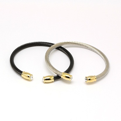 Trendy Women's 304 Stainless Steel Torque Bangles, Cuff Bangles, with Rhinestone Metal Head Findings, 53mm