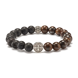 Bracelet extensible perles rondes en bronzite naturelle et pierre de lave, bracelet en pierre avec perles de jésus pour femme