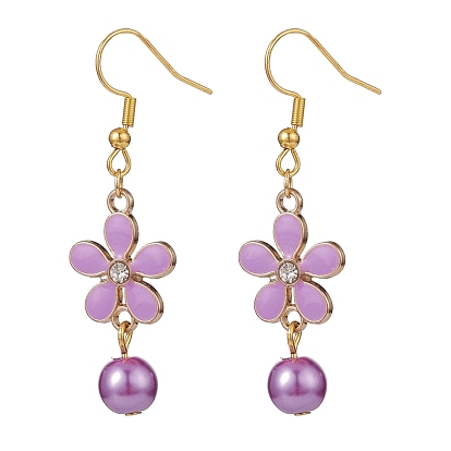 Boucles d'oreilles pendantes fleur strass avec perle de verre, plaqué or 304 bijoux en acier inoxydable pour femmes