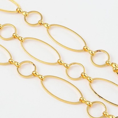 Brass Handmade Chains, Unwelded, with Spool, Round and Oval, 10x10~25x1mm, 1.2x7.5x3mm