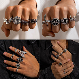 6Pcs 6 Style Tibetan Style Alloy Finger Ring Set, Gothic Stackable Rings, Wing & Eye & Snake