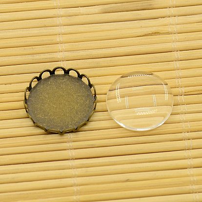 Supports cabochon laiton rond et plat transparent cabochons de verre transparent, plateau: 18 mm, verre: 18x4 mm