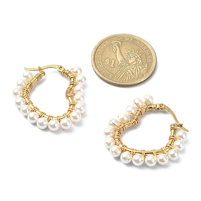 Shell Pearl Beaded Heart Hoop Earrings, 201 Stainless Steel Earrings with 304 Stainless Steel Pins