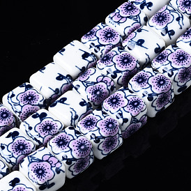 Handmade Porcelain Ceramic Beads Strands, Flower Printed, Cube