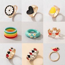 Bague rétro en émail à motif marguerite et color block pour femme, bijoux de doigt minimalistes et cool
