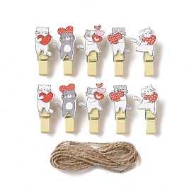 Cat with Heart Theme Wooden & Iron Clothes Pins, with Hemp Rope for Hanging Note, Photo, Clothes, Office School Supplies