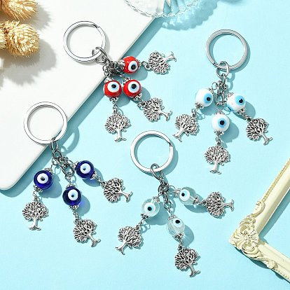 Porte-clés pendentif arbre de vie en alliage, avec des perles de lampe mauvais œil faites à la main et des porte-clés fendus