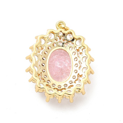 Brass Micro Pave Clear Cubic Zirconia Pendants, with Pink Glass,  Oval Charm