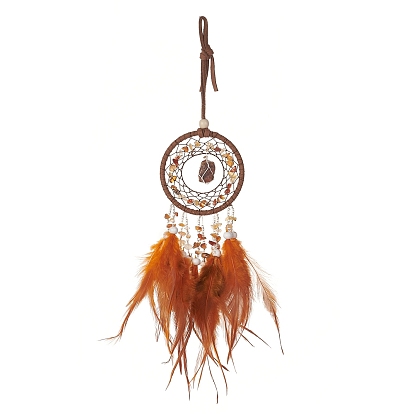 Iron Gemstone Woven Web/Net with Feather Pendant Decorations, with Wood Beads, Covered with Cotton Lace and Villus Cord, Flat Round