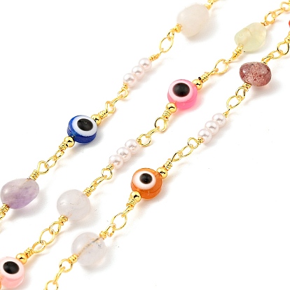 Natural Mixed Gemstone Nuggets & Colorful Glass Evil Eye Beaded Chain, with Brass Findings, Soldered, with Spool, Lead Free & Cadmium Free