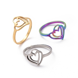 201 Stainless Steel Interlocking Double Heart Finger Ring, Hollow Wide Ring for Women