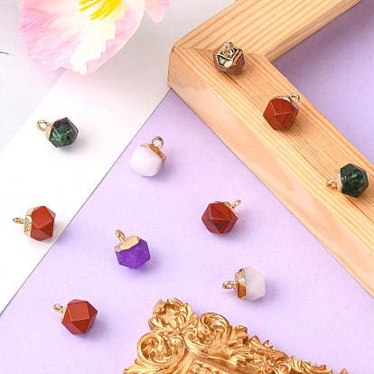 Gemstone Charms, with Top Golden Plated Iron Loops, Star Cut Round Beads