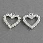 Shining Heart Brass Grade A Crystal Rhinestone Pendants, Silver Color Plated, 19x17x2.5mm, Hole: 2mm