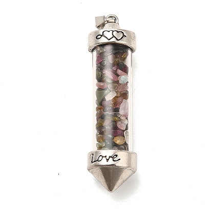 Mixed Gemstone Chip Glass Bottle Big Pendants, with Alloy Findings, Bullet Charm